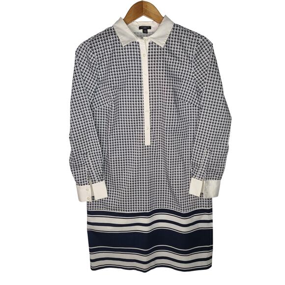 Ann Taylor Midi Navy White Long Sleeve Dress Size Medium Petite Cotton - Picture 1 of 11